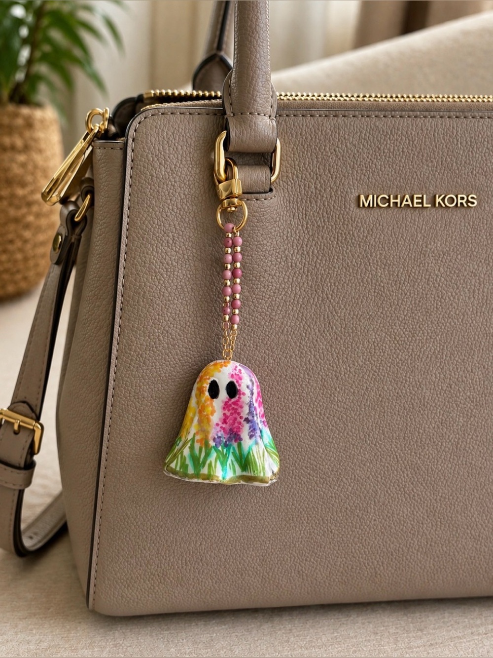 Hand-Painted hand made Floral Ghost boho bag charm boo basket filler key chain